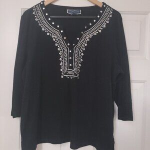 Karen Scott Women’s Top, Black w/silver embellishments, 3/4 Sleeve, Size XL